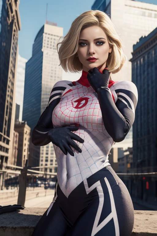 (Highly quality, masterpiece, detailed), city detailed scenario, city detailed background, 1girl, susan storm, blue eyes, blonde hair, blue bodysuit, sleeves, white elbow gloves, blue crop top, navel, perfect face, beautiful eyes, looking at the viewer, Sexy pose