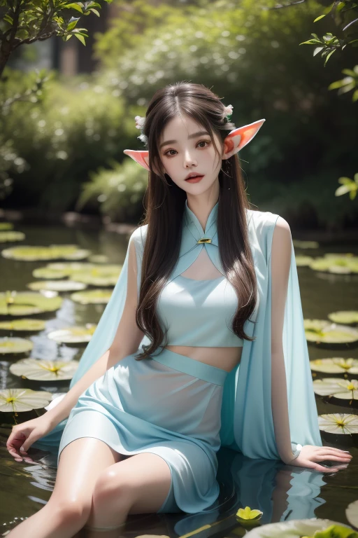 absurdres, highres, ultra detailed, (1girl:1.3), hand drawn, (simple line:1.2), 20yo girl in colorful Chinese Hanfu, (sexy girl with elf ears:1.1), at the lotus pond, masterpiece, sitting in water, floating clothes, floating hair, vibrant colors, soft lighting, detailed facial features, delicate expression, elegant posture, serene atmosphere