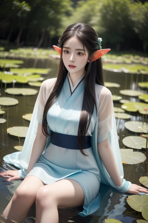 absurdres, highres, ultra detailed, (1girl:1.3), hand drawn, (simple line:1.2), 20yo girl in colorful Chinese Hanfu, (sexy girl with elf ears:1.1), at the lotus pond, masterpiece, sitting in water, floating clothes, floating hair, vibrant colors, soft lighting, detailed facial features, delicate expression, elegant posture, serene atmosphere
