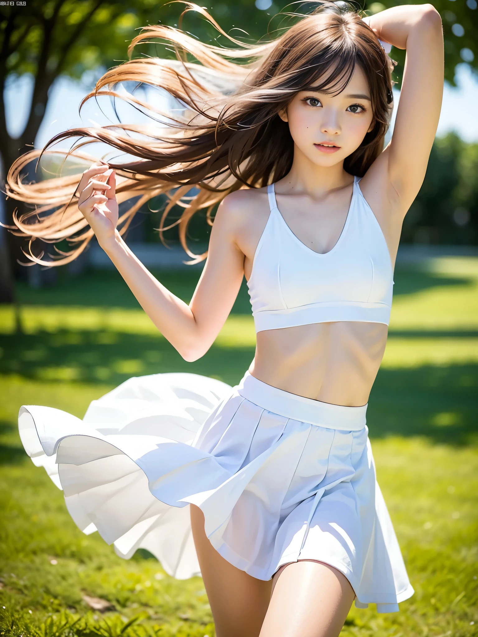 (masterpiece, highest quality:1.4), Award-winning portraits, 8k, 85mm, alone, Beautiful Face, Delicate girl,  (Cheerleader、On the grass), Sophisticated, cute, 15 years old, RAW Photos, Confused, High resolution, Sharp focus, Background Blur、(((flat  、thin and delicate body、Childish atmosphere)))、Glossy short bob、Mole on the left cheek、 Dark blue eyes、the skirt is swaying in the wind、Hair swaying in the wind、sexy、flexible legs、naked