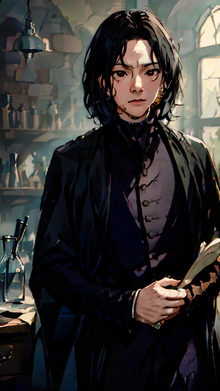 Severus snape, assis au bureau, écrire sur papier, livres ouverts sur le bureau, regarder le spectateur, regard agacé, beau, légère rougeur, bouteilles de potion en arrière-plan