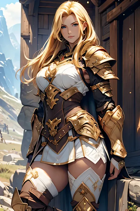 tmasterpiece，High-definition CG diagram，Beautiful female warrior，Detailed eyes and face，Tall figure，The blonde，Full armor attire...