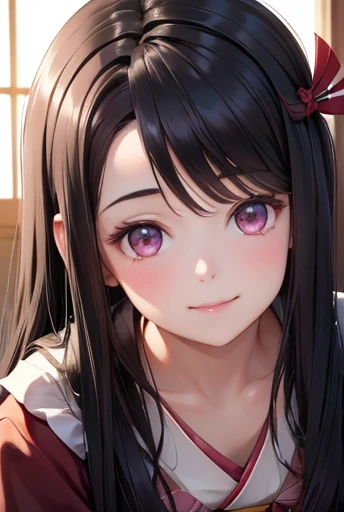 highest quality, masterpiece, Ultra-high resolution, (Realistic: 1.4), kamado nezuko, RAW Photos, 1 girl, kimono, Look at me, Close-up of face, The best smile, Heart Shiny Skin, Dramatic lighting, Gift of Hearts, Lovely, Leaning forward, fine, cute