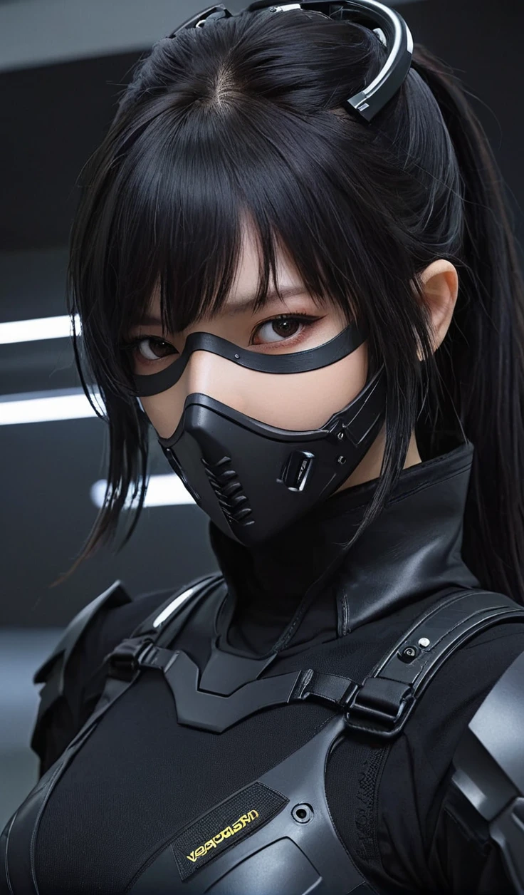 Frau in Schwarz mit Maske und komplett schwarzer Cyberpunk-Kleidung, trägt technisches Outfit und Rüstung, Foto einer Frau in technischer Ausrüstung, düsteres Sci-Fi-Outfit, cyberpunk outfit, Assassine, futuristisches Tech-Kostüm, Cyberpunk-Modekleidung, jet black hair cyberpunk girl, cyberpunk clothes, cyberpunk outfit, Tech-Mode, im dunklen und hellen Weltraumsoldatenkostüm