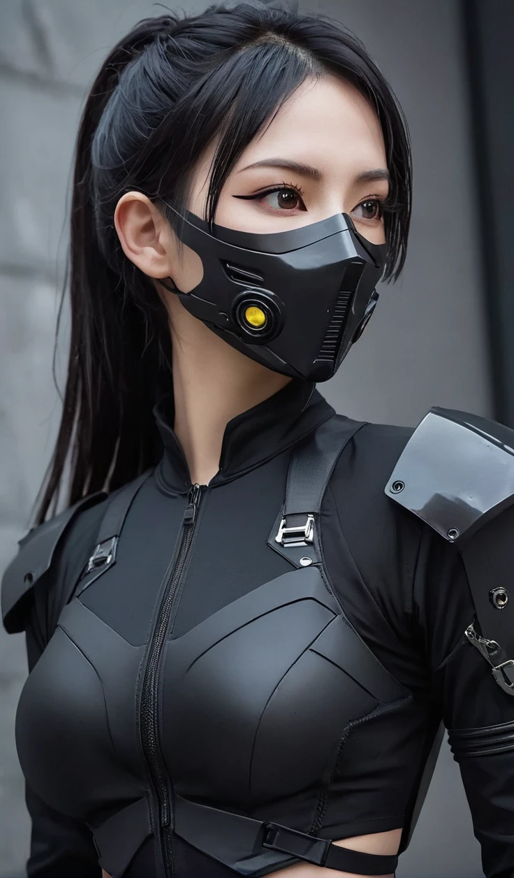 Frau in Schwarz mit Maske und komplett schwarzer Cyberpunk-Kleidung, trägt technisches Outfit und Rüstung, Foto einer Frau in technischer Ausrüstung, düsteres Sci-Fi-Outfit, cyberpunk outfit, Assassine, futuristisches Tech-Kostüm, Cyberpunk-Modekleidung, jet black hair cyberpunk girl, cyberpunk clothes, cyberpunk outfit, Tech-Mode, im dunklen und hellen Weltraumsoldatenkostüm