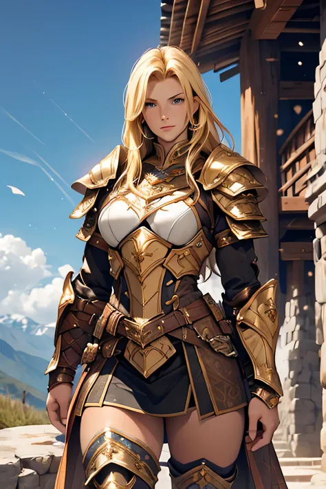 tmasterpiece，High-definition CG diagram，Beautiful female warrior，Detailed eyes and face，Tall figure，The blonde，Full armor attire...