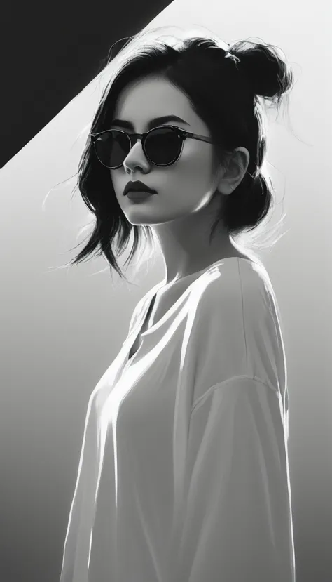 (minimalism:1.5)，portraits，(black and white sketch painting)，simple composition，1 girl,23 year old girl, wear sunglasses, there ...