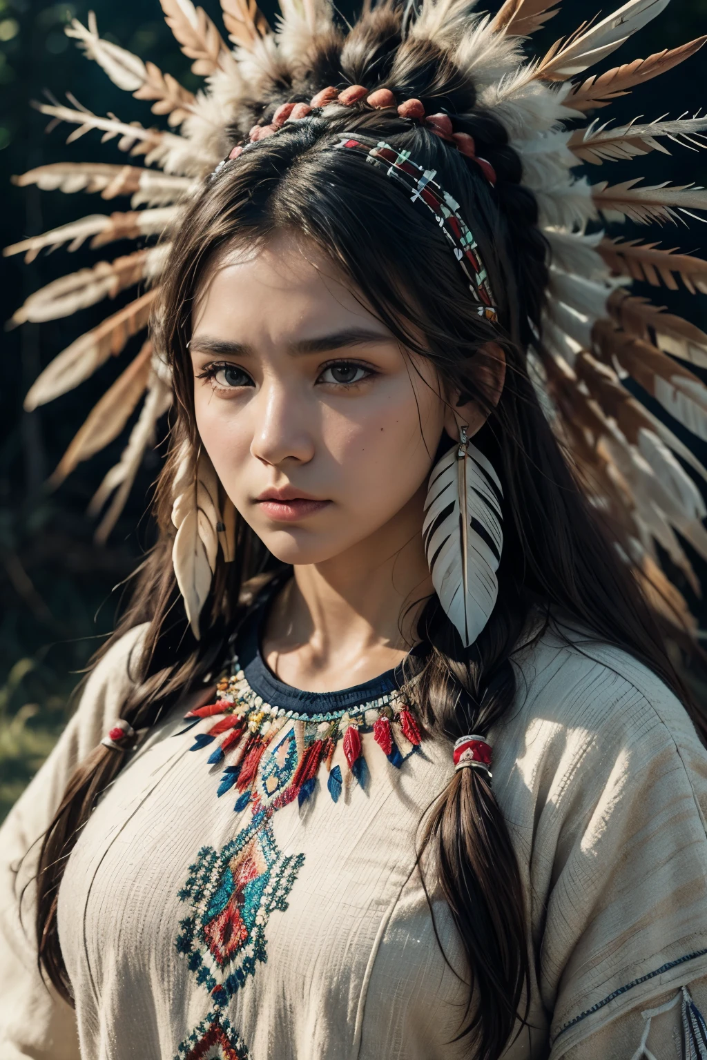 8k, highest quality, Super detailed, Native American women, traditional native american clothing, Intricate beadwork, Feather ornament, Strong and stoic expression, A deep connection to the land