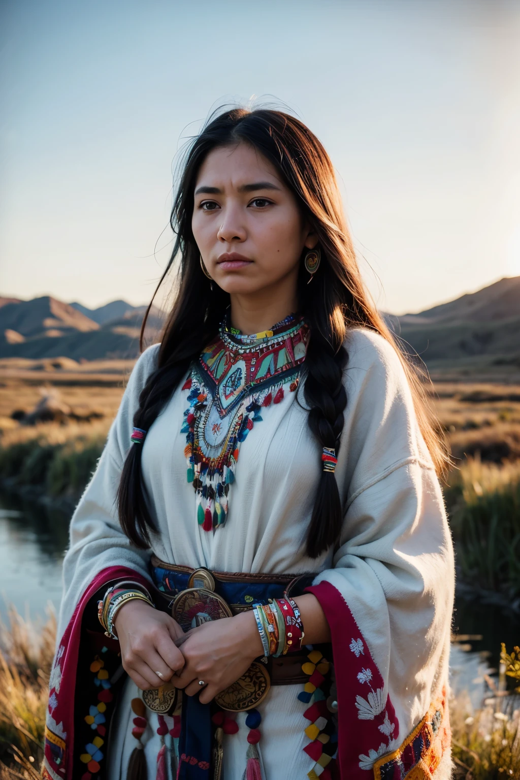 8k, highest quality, Super detailed, Native American women, traditional native american clothing, Intricate beadwork, Feather ornament, Strong and stoic expression, A deep connection to the land
