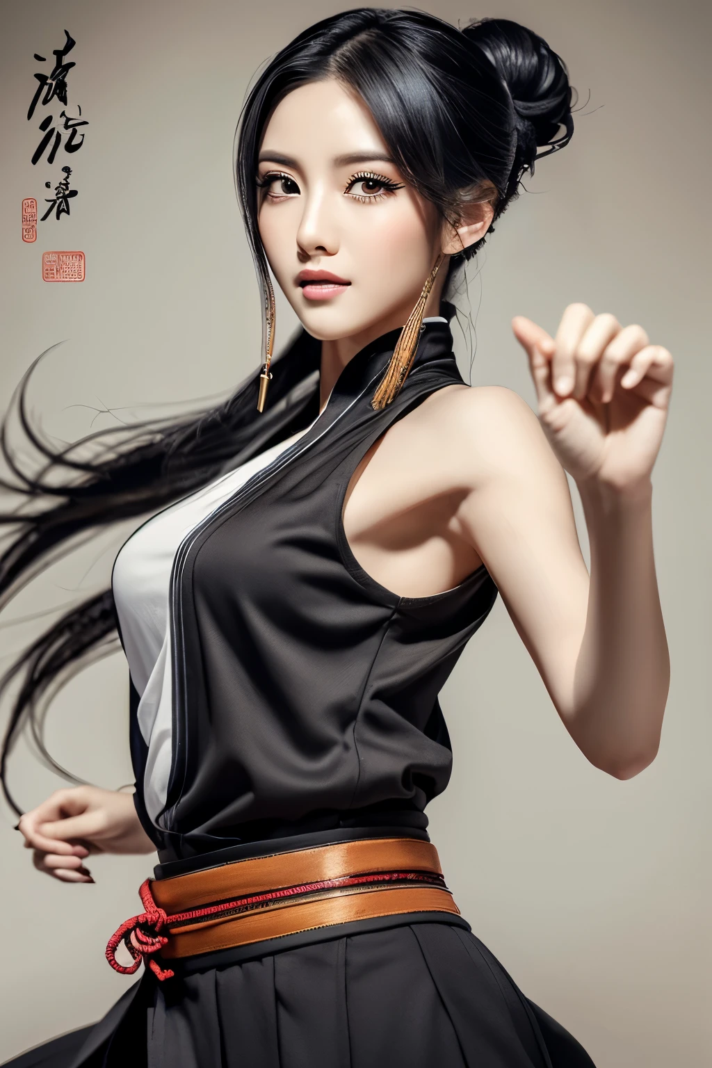 (best quality,highres,masterpiece:1.2),ultra-detailed,full body shot,beautiful detailed eyes,beautiful detailed lips,extremely detailed eyes and face,longeyelashes,sexy woman practicing Kung Fu,artwork made with traditional Chinese ink painting,graceful movements,flowing black hair,energetic and fierce expression,fit and muscular body,flexible martial arts poses,dynamic dark lighting,blending of traditional and modern elements,subtle color palette,ink wash painting style,brush strokes depicting power and elegance.