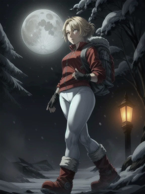 ((Best quality)), ((Masterpiece)), (detailed), (4K quality), (Detailed face:1.2), (Detailed eyes:1.2), (Perfect figure:1.2), 1girl, UDSam, solo, short hair, blonde hair, (Wearing: Red jacket, white leggings, fingerless gloves, snow boots and backpack:1.3), spooky lighting with lot of fog, foggy and snowing weather snowy, blizzard, in a forest, night time with huge white moon, upper body shot, night time ambiance, expressive eyes, gloomy atmosphere, worried expression, detailed shadows, anxiety feeling, walking, illustration, detailed background, soft lighting, vibrant colors
