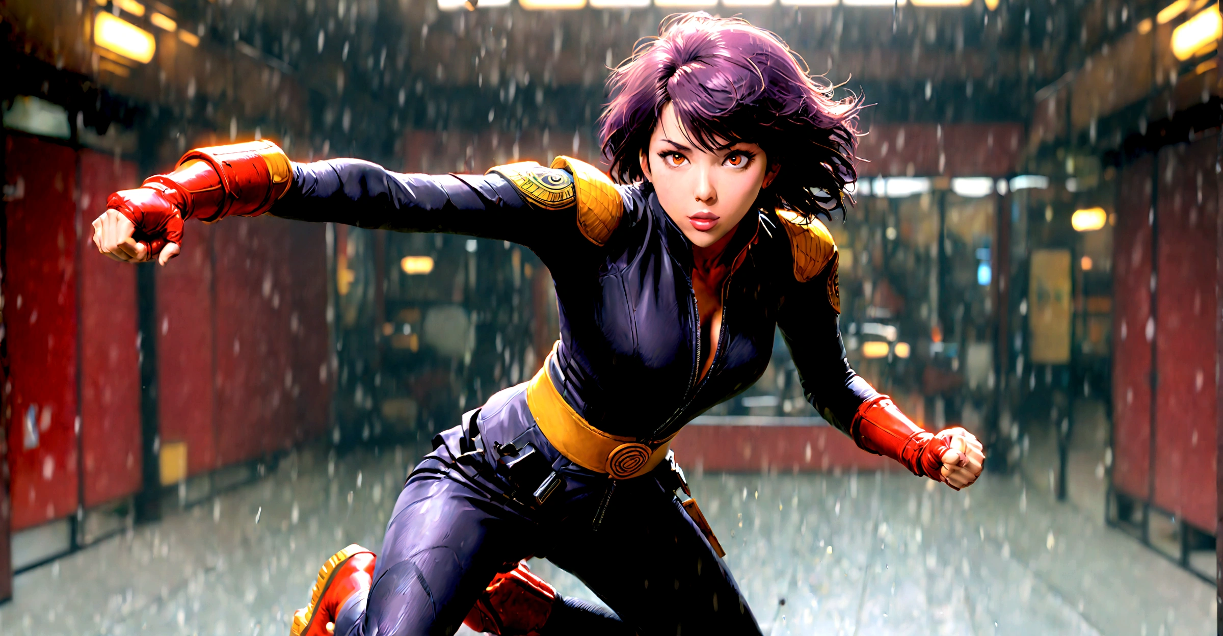 Cyberpunk Sci-Fi Characters、Beautiful young woman、ghost in the Shell、kusanagi motoko、(A woman performing a roundhouse kick using motion blur effect:1.9)、Rainy night、Hyperrealistic、Cinematic lighting、Dramatic composition、Very detailed、8k、Photorealistic、Chiaroscuro、Neon Light、Futuristic cityscape、Intense atmosphere、Very detailedな顔と目、Complex mechanical prosthetics、Dynamic pose、Rain effect、Moody color palette、Glowing Cybernetic Implants、environmental reflection、Scarlett Johansson、ohwx