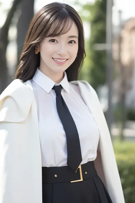 1woman, solo, close up, slender, white elegant blause with a black feminal mini-tie and pink long-skirt and white cape ,smiling,...