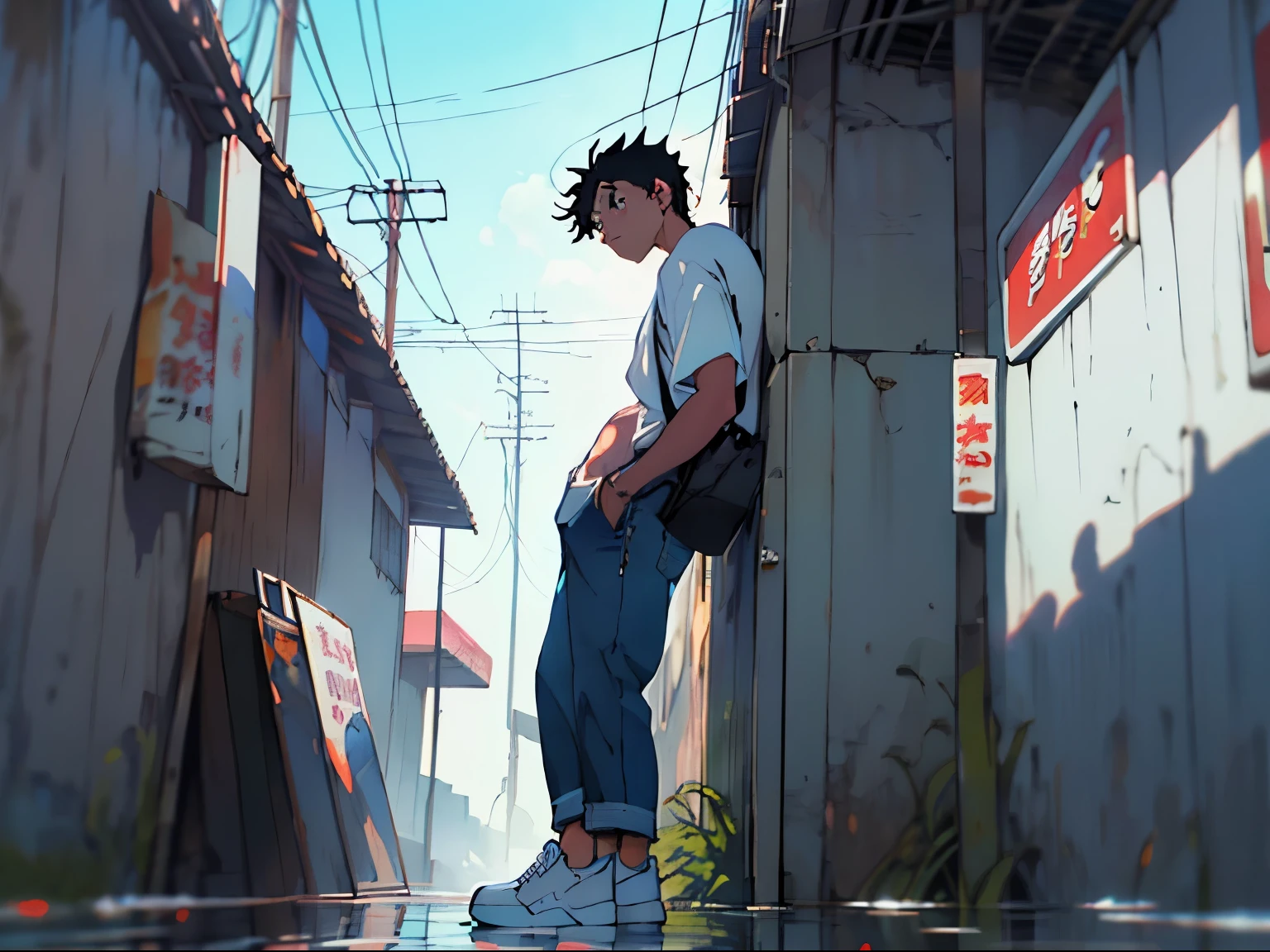 ((Anime)), ((4K high quality)), ((detailed)), ((masterpiece)), a man with black hair, blue eyes, white shirt, baggy jeans, white sneakers, dripping with water, staring into the distance, standing leaning against a wall outside of a convenience store, background, hazy and nostalgic blue lighting. Summer afternoon. 