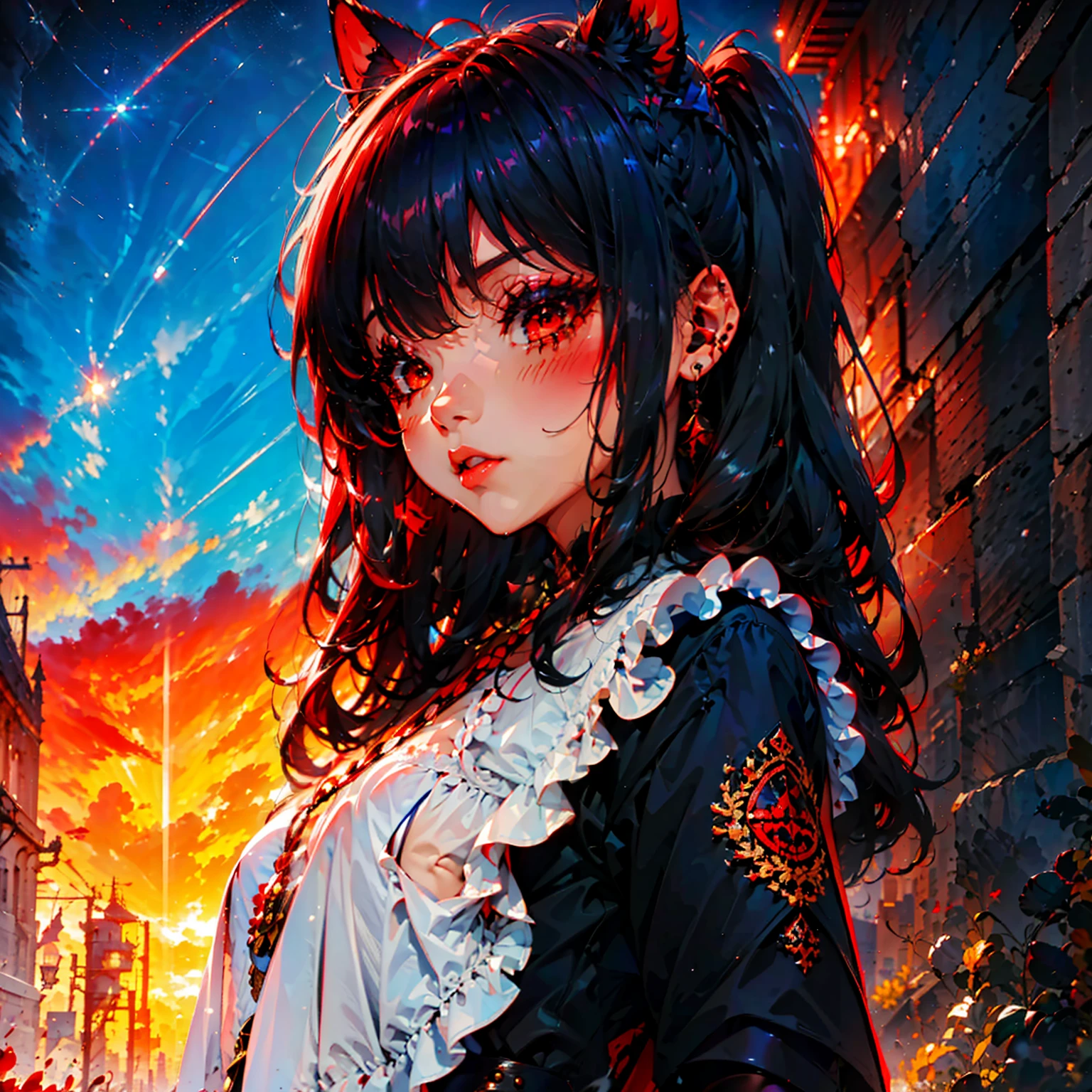 (absurdities, High resolution, ultra detailed),(Masterpiece, Best Quality:1.2),1 girl, (junkotvv black hair with bangs, cat ears, Red eyes), wearing a jet black coat with fur, wearing sunglasses, City, amazing, absolutely stunning art,by white,Red eyes y morados, half of the trip,close up photography,medium hair.