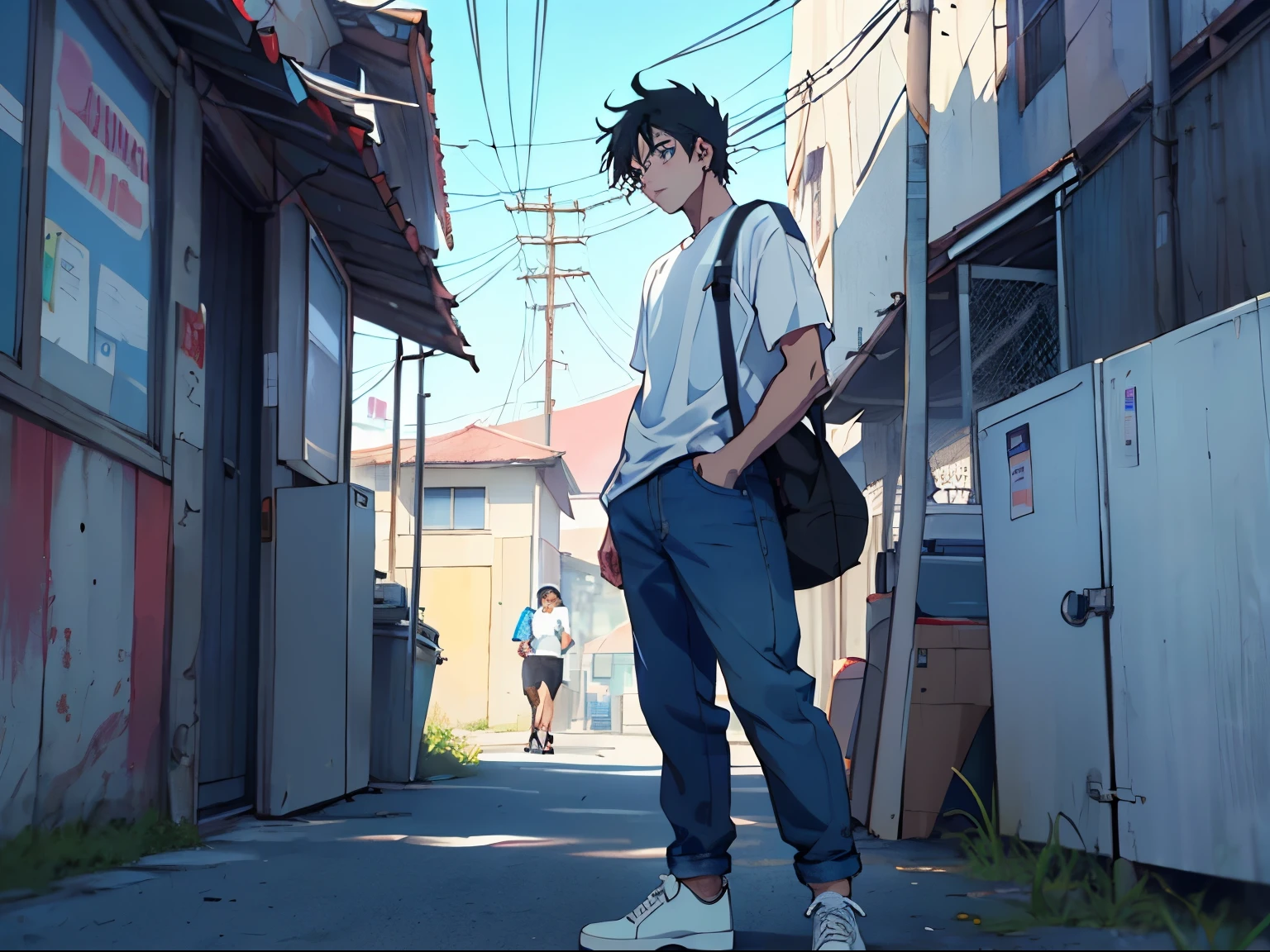 ((Anime)), ((4K high quality)), ((detailed)), ((masterpiece)), a man with black hair, blue eyes, white shirt, baggy jeans, white sneakers, staring into the distance, standing leaning against a wall outside of a convenience store, background, hazy and nostalgic blue lighting. Summer afternoon. 