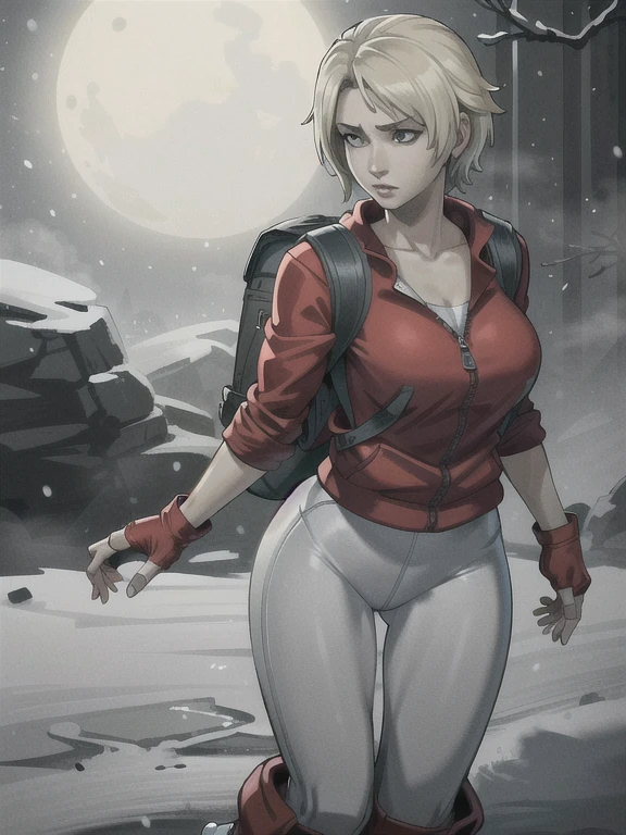 ((Best quality)), ((Masterpiece)), (detailed), (4K quality), (Detailed face:1.2), (Detailed eyes:1.2), (Perfect figure:1.2), 1girl, UDSam, solo, short hair, blonde hair, (Wearing: Red jacket, white leggings, fingerless gloves, snow boots and backpack:1.3), spooky lighting with lot of fog, foggy and snowing weather snowy, blizzard, in a forest, night time with huge white moon, upper body shot, night time ambiance, expressive eyes, detailed shadows, walking, detailed background. She's looking into the camera with a worried and determined feeling. This is a masterpiece that exudes exceptional quality. The illustration is ultra-detailed, Using HDR technology to create a sense of depth. Tone is isolation, gloomy, and anxiety driven, Full of horror elements.
