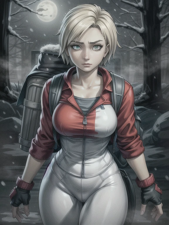 ((Best quality)), ((Masterpiece)), (detailed), (4K quality), (Detailed face:1.2), (Detailed eyes:1.2), (Perfect figure:1.2), 1girl, UDSam, solo, short hair, blonde hair, (Wearing: Red jacket, white leggings, fingerless gloves, snow boots and backpack:1.3), spooky lighting with lot of fog, foggy and snowing weather snowy, blizzard, in a forest, night time with huge white moon, upper body shot, night time ambiance, expressive eyes, detailed shadows, walking, detailed background. She's looking into the camera with a worried and determined feeling. This is a masterpiece that exudes exceptional quality. The illustration is ultra-detailed, Using HDR technology to create a sense of depth. Tone is isolation, gloomy, and anxiety driven, Full of horror elements.