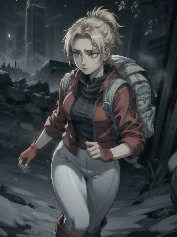 ((Best quality)), ((Masterpiece)), (detailed), (4K quality), (Detailed face:1.2), (Detailed eyes:1.2), (Perfect figure:1.2), 1girl, UDSam, solo, short hair, blonde hair, (Wearing: Red jacket, white leggings, fingerless gloves, snow boots and backpack:1.3), spooky lighting with lot of fog, foggy and snowing weather snowy, blizzard, in a forest, upper body shot, night time ambiance, expressive eyes, detailed shadows, walking, detailed background. She's looking into the camera with a worried and determined feeling. This is a masterpiece that exudes exceptional quality. The illustration is ultra-detailed, Using HDR technology to create a sense of depth. Tone is isolation, gloomy, and anxiety driven, Full of horror elements.