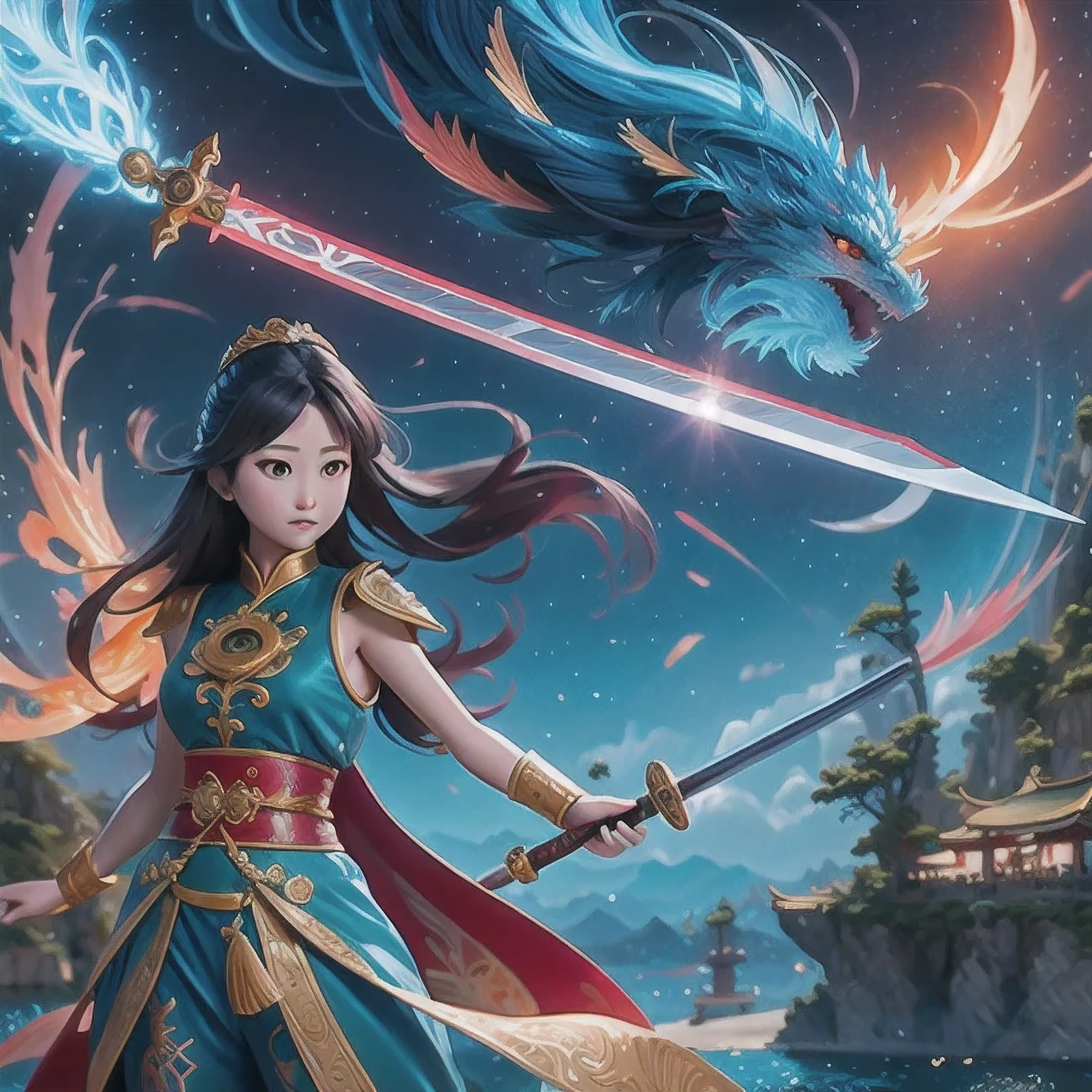 anime girl with a sword and a dragon in her hands, queen of the sea mu yanling, by Yang J, anime fantasy illustration, beautiful celestial mage, anime fantasy artwork, fantasy art style, by Li Song, g liulian art style, 2. 5 d cgi anime fantasy artwork, by Qu Leilei, xianxia fantasy, fanart best artstation,akira from china mythology