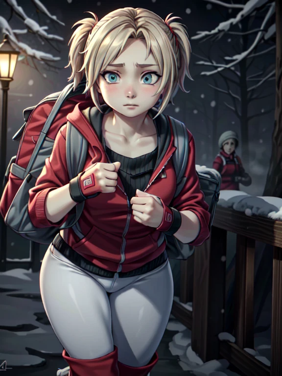 ((Best quality)), ((Masterpiece)), (detailed), (4K quality), (Detailed face:1.2), (Detailed eyes:1.2), (Perfect figure:1.2), 1girl, UDSam, solo, short hair, blonde hair, (Wearing: Red jacket, white leggings, fingerless gloves, snow boots and backpack:1.3), foggy and snowing weather snowy, blizzard, in a forest, upper body shot, night time ambiance, expressive eyes, detailed shadows, walking, detailed background. She's looking into the camera with a worried and determined feeling. This is a masterpiece that exudes exceptional quality and immersion. The illustration is ultra-detailed, Using HDR technology to create a sense of depth. Tone is isolation, gloomy, and anxiety driven, Full of spooky elements.
