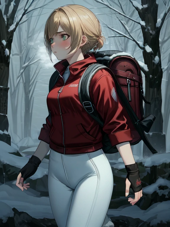 ((Best quality)), ((Masterpiece)), (detailed), (4K quality), (Detailed face:1.2), (Detailed eyes:1.2), (Perfect figure:1.2), 1girl, UDSam, solo, short hair, blonde hair, (Wearing: Red jacket, white leggings, fingerless gloves, snow boots and backpack:1.3), foggy and snowing weather snowy, blizzard, in a forest, upper body shot, night time ambiance, expressive eyes, detailed shadows, walking, detailed background. She's looking into the camera with a worried and determined feeling. This is a masterpiece that exudes exceptional quality and immersion. The illustration is ultra-detailed, Using HDR technology to create a sense of depth. Tone is isolation, gloomy, and anxiety driven, Full of spooky elements.
