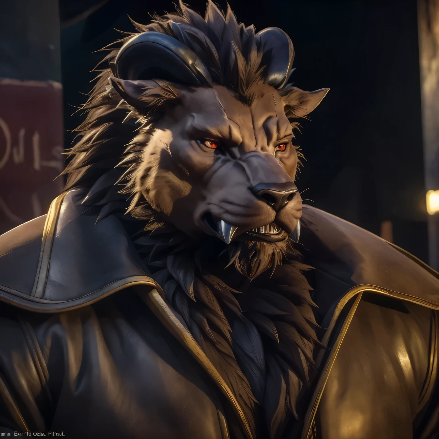 (highest quality, 32K High resolution:1.2, Very detailed, Realistic, photoRealistic, masterpiece,) Official Art, The Sacrificed Princess and the King of Beasts, Full Body View, Looking at the audience, male, good looking, Majestic Beast, Dark sienna brown fur, Black Mane, Majestic King, King Leonhard, Muscular body, Crimson Eyes, Serious look , Small ears, Curved black horns, Long upper jaw crab teeth, (detailed Realistic image:1.3), (Fine grain, Beautiful and expressive eyes:1), (hyper Realistic fur:1.2), (Fur with attention to detail:1. ( Detailed face:1) Low Light: 1.2) masterpiece, highest quality, ultra Realistic ( 8k, 超High resolution, Beautiful light and shadow, Detailed faceの描写, highest quality, masterpiece, Ultra high definition, Official Art, Super detailed, Deep Shadow, Dynamic Shadows, High resolution, Profound, utra Fur with attention to detail, Maximum concentration, Depth of written boundary, Perfect lighting, Lightest particle quality, Super-detailed body, Cinematic, Sharp focus, Correct Anatomy, Right hand, The right move, Five fingers, Right Head, Detailed Background), (Intricate Details, Masterpiece, Best Quality, High Resolution, 8k), (1man), (male:1.2), old, aged up, exquisite face, angular jawline, finely detailed eyes and face, physique exudes strength and power, face portrait from an anthro male beast, RAW candid cinema, 16mm, color graded portra 400 film, remarkable color, ultra realistic, textured skin, remarkable detailed pupils, realistic dull skin noise, visible skin detail, skin fuzz, dry skin, shot with cinematic camera, high quality photography, 3 point lighting, flash with softbox, 4k, Canon EOS R3, hdr, smooth, sharp focus, high resolution, award winning photo, 80mm, f2.8, bokeh, face close