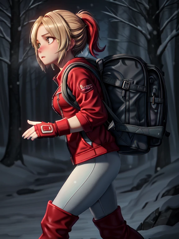 ((Best quality)), ((Masterpiece)), (detailed), (4K quality), (Detailed face:1.2), (Detailed eyes:1.2), (Perfect figure:1.2), 1girl, UDSam, solo, short hair, blonde hair, (Wearing: Red jacket, white leggings, fingerless gloves, snow boots and backpack:1.3), foggy and snowing weather snowy, blizzard, in a forest, upper body shot, night time ambiance, expressive eyes, detailed shadows, walking, detailed background. She's looking into the camera with a worried and determined feeling. This is a masterpiece that exudes exceptional quality and immersion. The illustration is ultra-detailed, Using HDR technology to create a sense of depth. Tone is isolation, gloomy, and anxiety driven, Full of spooky elements.
