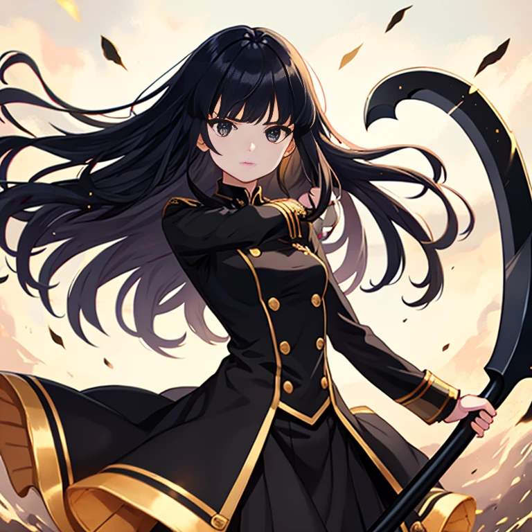 anime girl, all black uniform, gold buttons, long skirt, long black hair with bangs, black eyes, beautiful, small breasts, stoic, slender, calm, gold lines on skirt intricate, wind blowing in hair, fighting with scythe