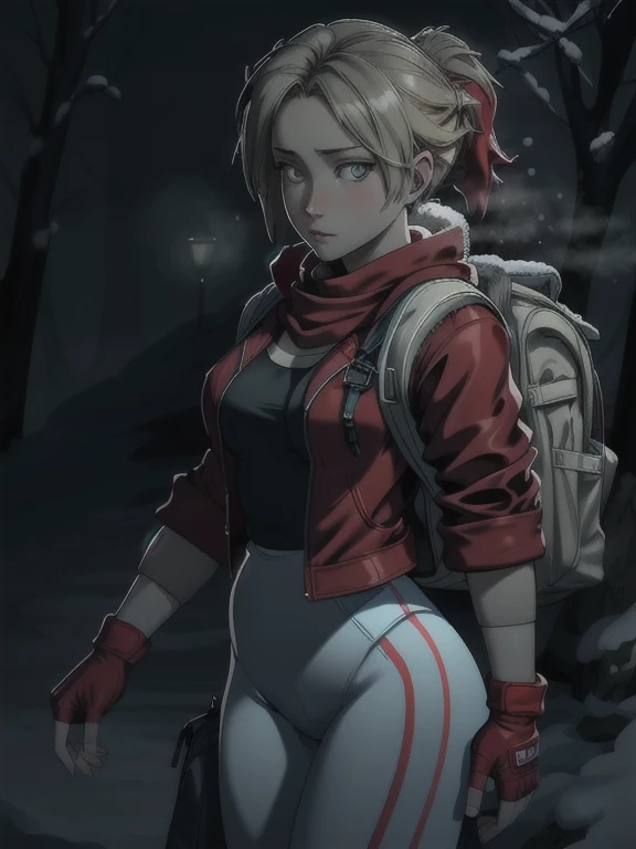 ((Best quality)), ((Masterpiece)), (detailed), (4K quality), (Detailed face:1.2), (Detailed eyes:1.2), (Perfect figure:1.2), 1girl, UDSam, solo, short hair, blonde hair, (Wearing: Red jacket, white leggings, fingerless gloves, snow boots and backpack:1.3), foggy and snowing weather snowy, blizzard, in a forest, upper body shot, night time ambiance, expressive eyes, detailed shadows, walking, detailed background. She's looking into the camera with a worried and determined feeling. This is a masterpiece that exudes exceptional quality and immersion. The illustration is ultra-detailed, Using HDR technology to create a sense of depth. Tone is isolation, gloomy, and anxiety driven, Full of spooky elements.
