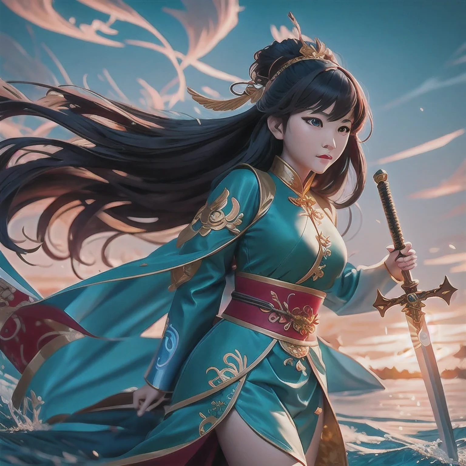 anime girl with a sword and a dragon in her hands, queen of the sea mu yanling, by Yang J, anime fantasy illustration, beautiful celestial mage, anime fantasy artwork, fantasy art style, by Li Song, g liulian art style, 2. 5 d cgi anime fantasy artwork, by Qu Leilei, xianxia fantasy, fanart best artstation,akira from china mythology