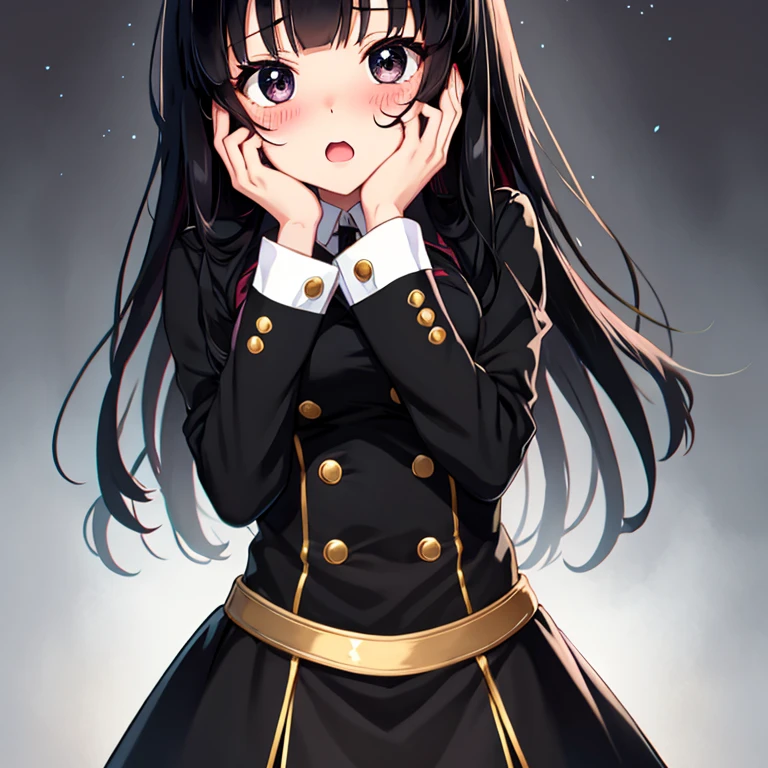 anime girl, all black uniform, gold buttons, long skirt, long black hair with bangs, black eyes, beautiful, small breasts, surprised, blushing, cute, hands on face