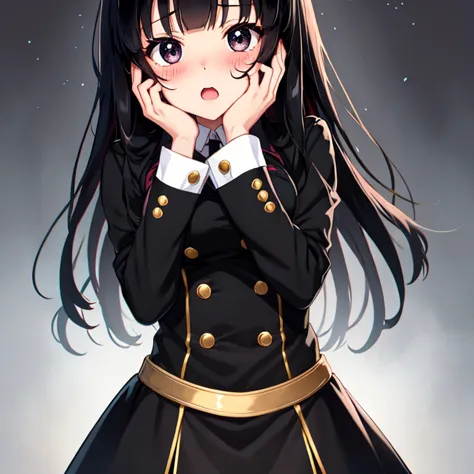 anime girl, all black uniform, gold buttons, long skirt, long black hair with bangs, black eyes, beautiful, small breasts, surpr...