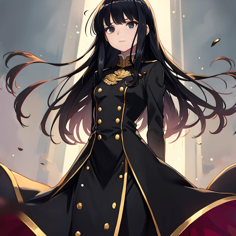 anime girl, all black uniform, gold buttons, long skirt, long black hair with bangs, black eyes, beautiful, small breasts, stoic, slender, calm, top view