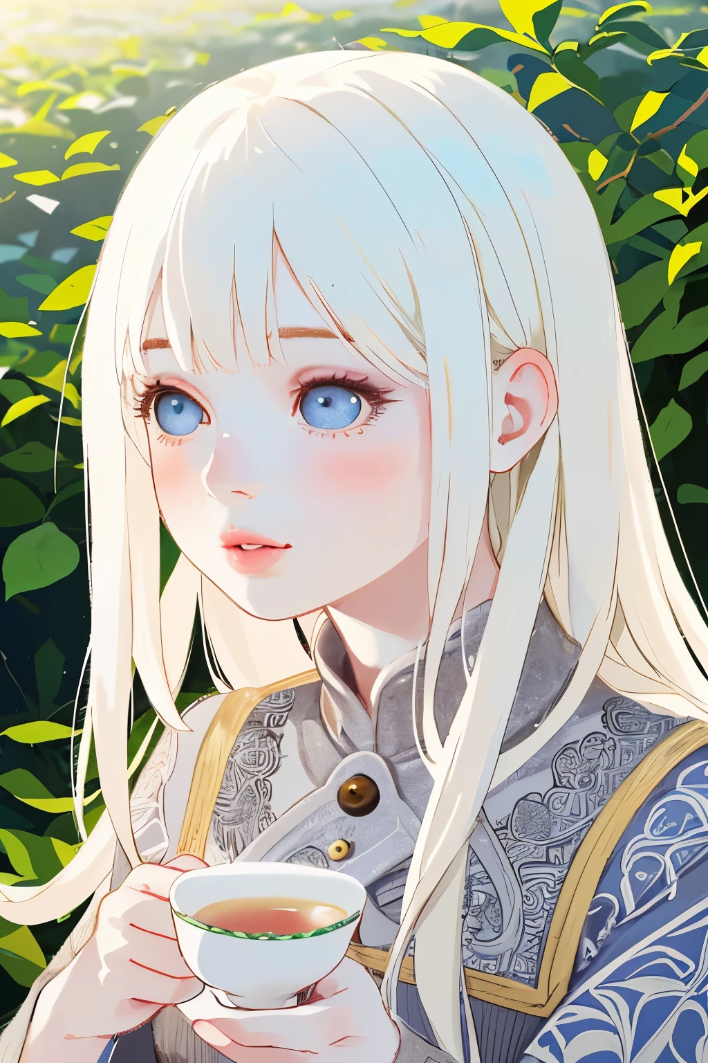 a young girl in a tea field, drinking tea , 8k, photorealistic, beautiful detailed eyes, beautiful detailed lips, extremely detailed face and skin, intricate details, vibrant colors, natural lighting, pastoral, serene, tranquil, cozy, cute, adorable, kawaii