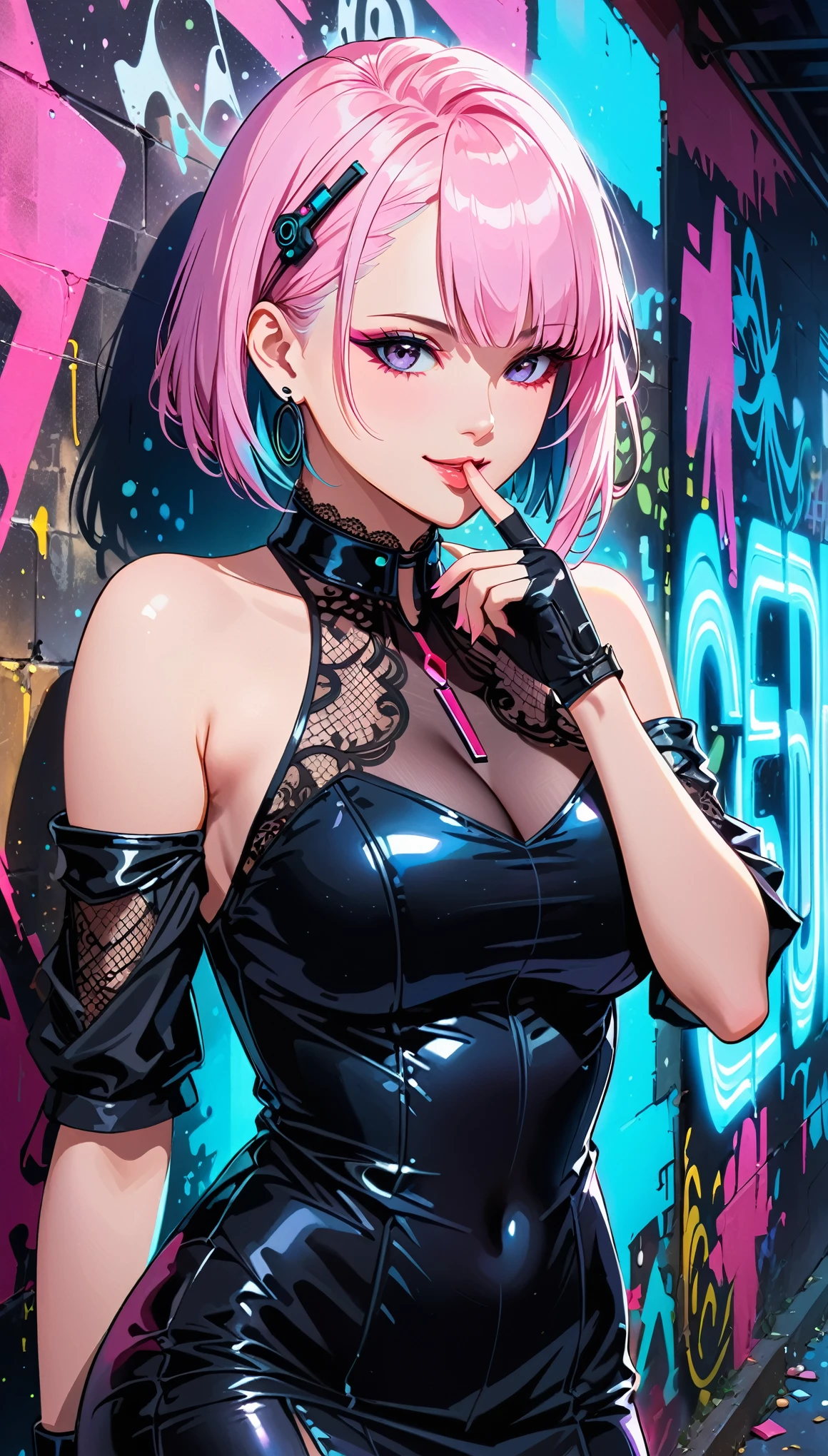 (curvy showing posing，finger_in_mouth,Dynamic Action，Expressive movements:1.2)，1girl,lucy \(cyberpunk\),cyberpunk \(series\),(close up on face:1.2),(portrait:1.2), wearing black gothic dress, lace decoration on dress, intricate details on dress, ,emo girl,large breasts,smile,cowboy shot,tattoo on shoulder,(black eyeshadow:1.2),dutch angle,against (graffiti wall:1.2), (pink theme:1.2),cyan theme,black theme,lighting theme,iridescent inner hair,jewelry, BREAK (lighting:1.2),(soft light:1.2),(see-through silhouette:1.2),(backlighting:1.2),(glowing:1.2),(neon light:1.2),(spot lights:1.2), bare shoulders, black dress, lace dress, see through lace dress,bodystocking, lace thighhighs,miniskirt,lace sleeves,fingerless gloves,lace choker,indoors,crowd,night club,detailed background,urban,reflection,surrounded by people,, (masterpiece:1.2), (best quality:1.2), (very aesthetic:1.2), (absurdres:1.2), (detailed background),newest, intricate,