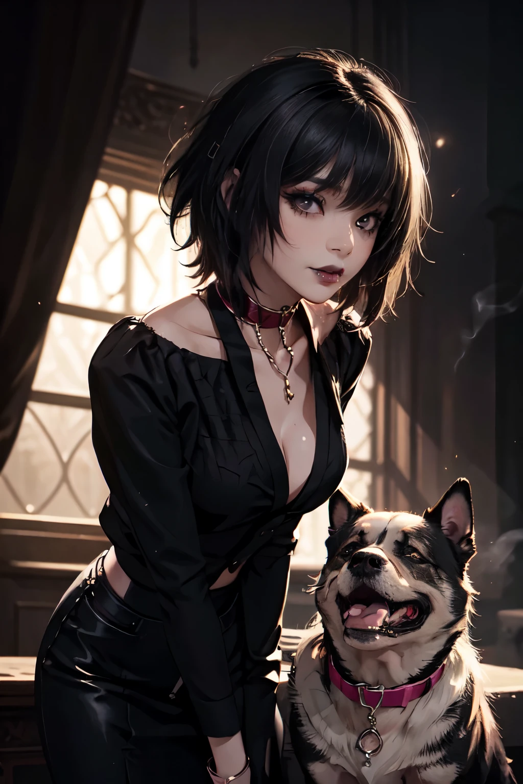 Girl, woman, emo_hairstyle, black lipstick, dog collar, eyeliner, eye shadow, smoky eyes, realistic lighting, short hair, standing up, rich girl, bourgeois, billionaire, fancy.