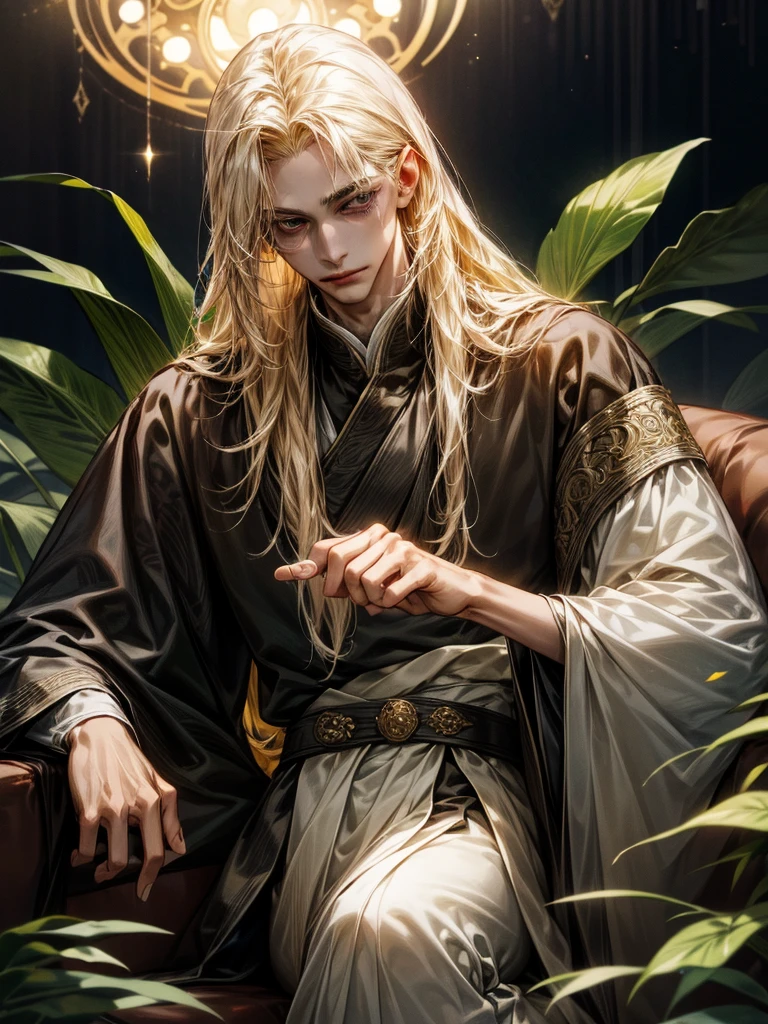 One Handsome male, long blonde hair, sleek body, small waist.
Fine eyes and detailed fine face.
Silk and jewerly ( diamonds, safires, rubies and gold) on his intricate and lusciously detailed hanfu clothing. Jewerly belt around waist.
Posing seductively on a couch.
Flowers and plants around him.
Cinematic lighting effects
Masterpiece Artwork
AbsurdRes 
High Definition level of art style
HDR