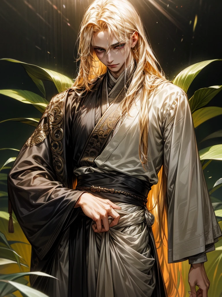 One Handsome male, long blonde hair, sleek body, small waist.
Fine eyes and detailed fine face.
Silk and jewerly ( diamonds, safires, rubies and gold) on his intricate and lusciously detailed hanfu clothing. Jewerly belt around waist.
Posing seductively on a couch.
Flowers and plants around him.
Cinematic lighting effects
Masterpiece Artwork
AbsurdRes 
High Definition level of art style
HDR