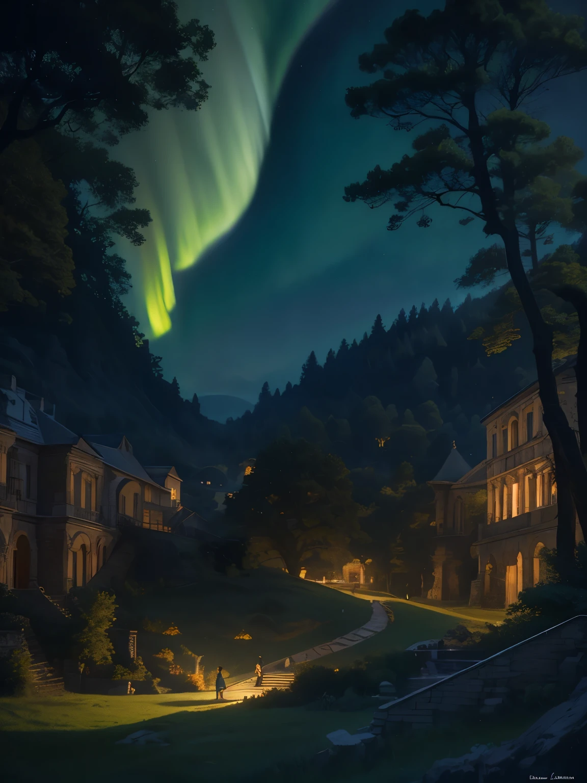 Ralph McQuarrie Style, greek architecture done in a sci-fi style on a beautiful forest and meadow scene with tall buildings and open green spaces, oil, beautiful, Very detailed, Aurora、Crescent Moon