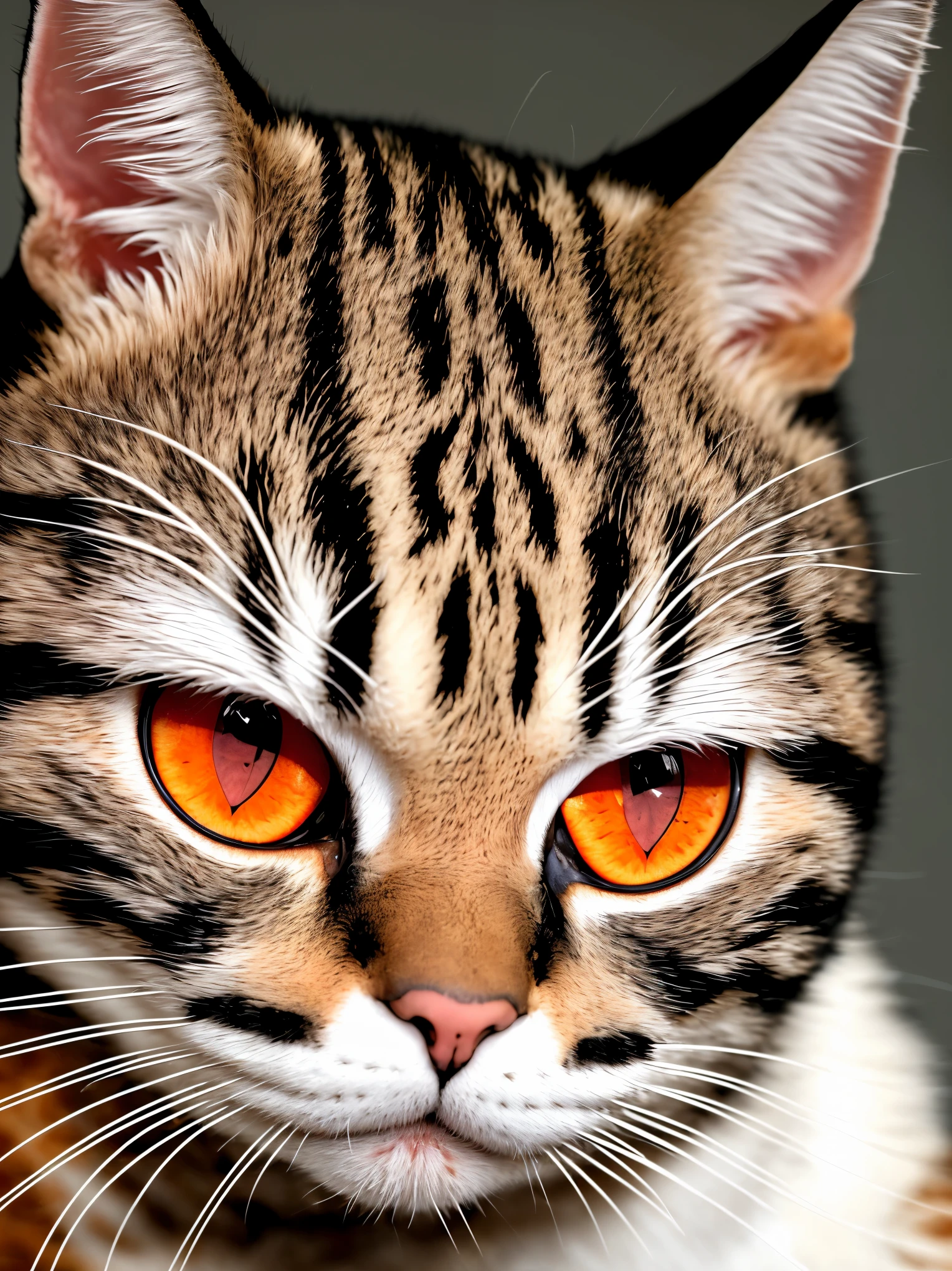 there is a cat with red eyes and a white nose, a digital rendering by Anna Haifisch, flickr, sumatraism, margay, michel ocelot, large red eyes, the most bizarre hybrid animals, big cat eyes, cat - like scarlet eyes, predator eyes, large red eyes!!!, hard predatory look, unusual beauty, tabaxi male