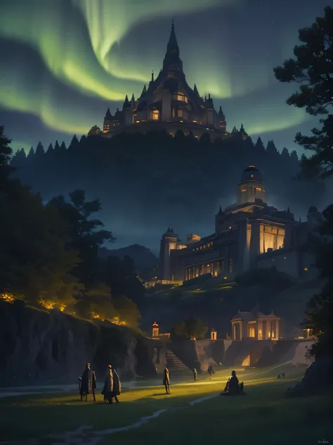 ralph mcquarrie style, greek architecture done in a sci-fi style on a beautiful forest and meadow scene with tall buildings and ...