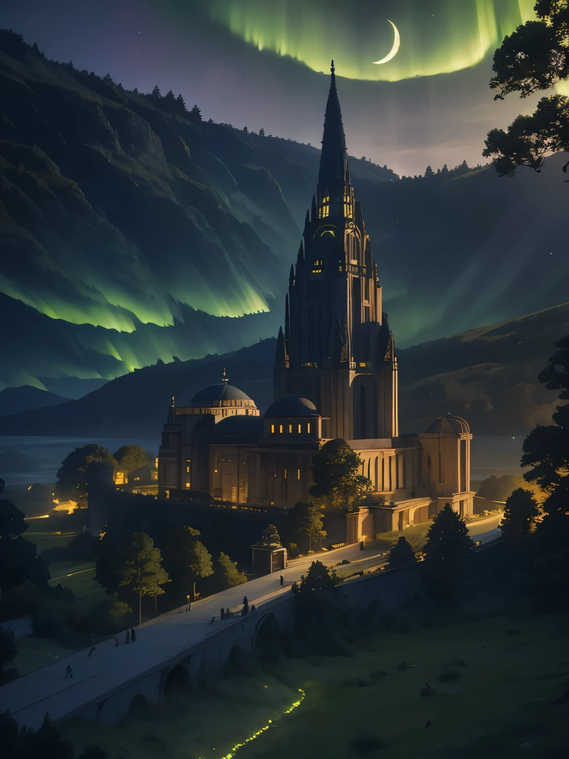 Estilo Ralph McQuarrie, greek architecture done in a sci-fi style on a lindo forest and meadow scene with tall buildings and open green spaces, óleo, lindo, Muito detalhado, Aurora、Crescent Moon、Castelo flutuante