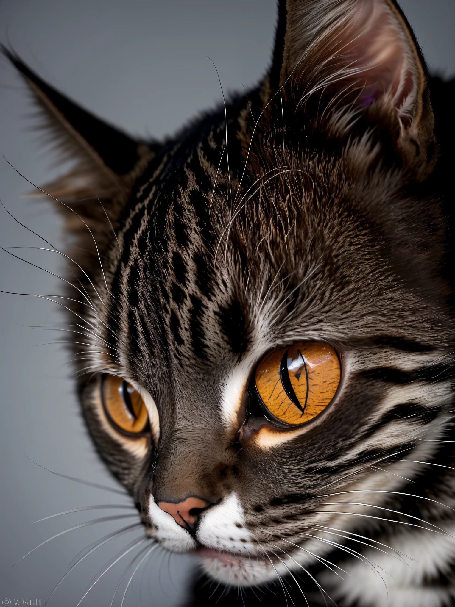 there is a cat with red eyes and a white nose, a digital rendering by Anna Haifisch, flickr, sumatraism, margay, michel ocelot, large red eyes, the most bizarre hybrid animals, big cat eyes, cat - like scarlet eyes, predator eyes, large red eyes!!!, hard predatory look, unusual beauty, tabaxi male