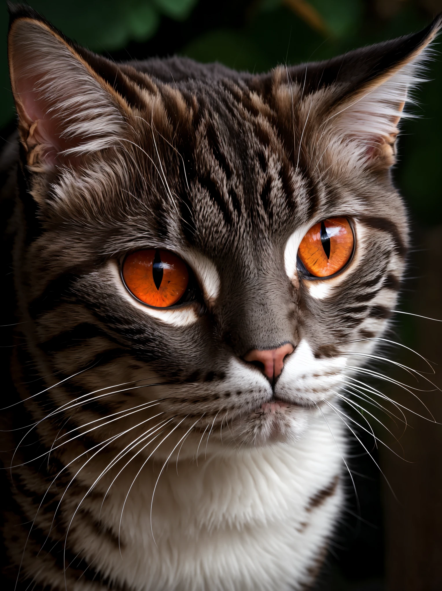 there is a cat with red eyes and a white nose, a digital rendering by Anna Haifisch, flickr, sumatraism, margay, michel ocelot, large red eyes, the most bizarre hybrid animals, big cat eyes, cat - like scarlet eyes, predator eyes, large red eyes!!!, hard predatory look, unusual beauty, tabaxi male