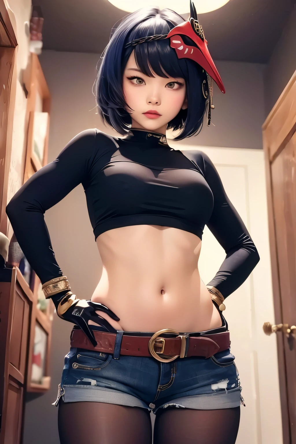 1girl, (latex top, shorts, pantyhose, iron belt, boots, jewelry), ((midriff, navel)), looking at viewer, fashion pose, (cinematic lighting, best quality, masterpiece, high details, best quality, highres, HD, 4K, 8k, super detail), (kujou sara:1.3), mask on head, blue hair, short hair, yellow eyes,