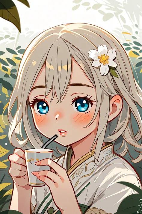 a young girl in a tea field, drinking tea , 8k, photorealistic, beautiful detailed eyes, beautiful detailed lips, extremely deta...