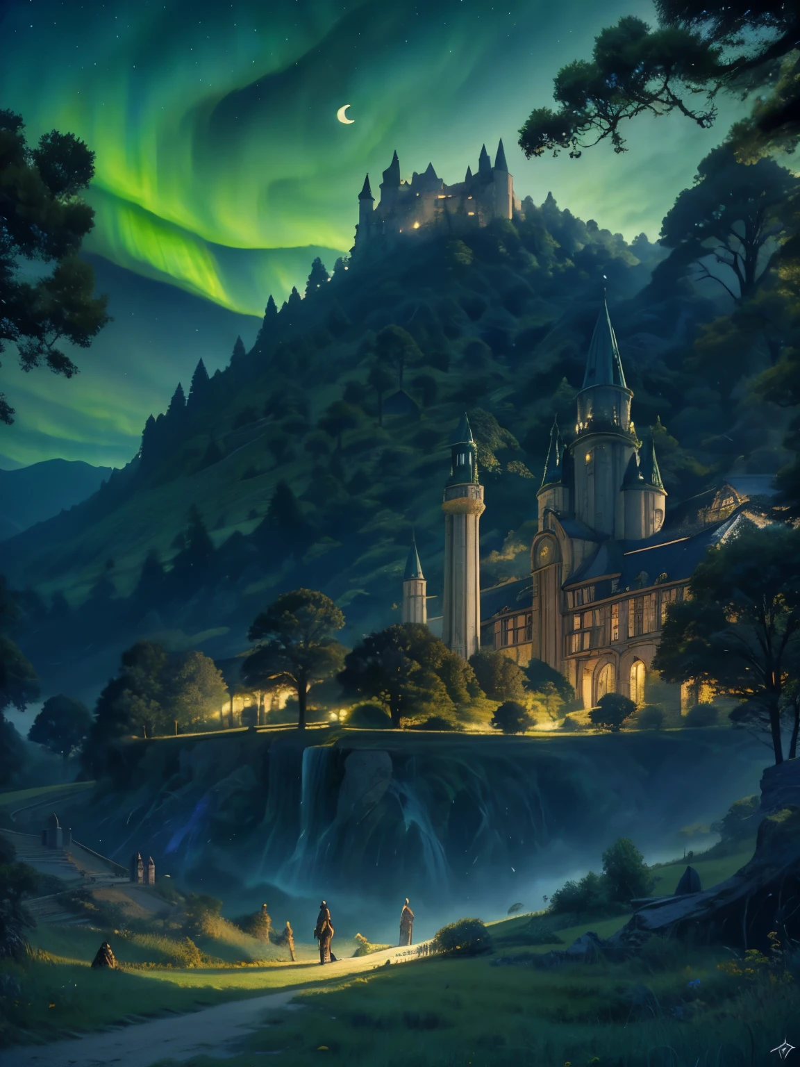 Ralph McQuarrie Style, greek architecture done in a sci-fi style on a beautiful forest and meadow scene with tall buildings and open green spaces, oil, beautiful, Very detailed, Aurora、Crescent Moon、floating castle
