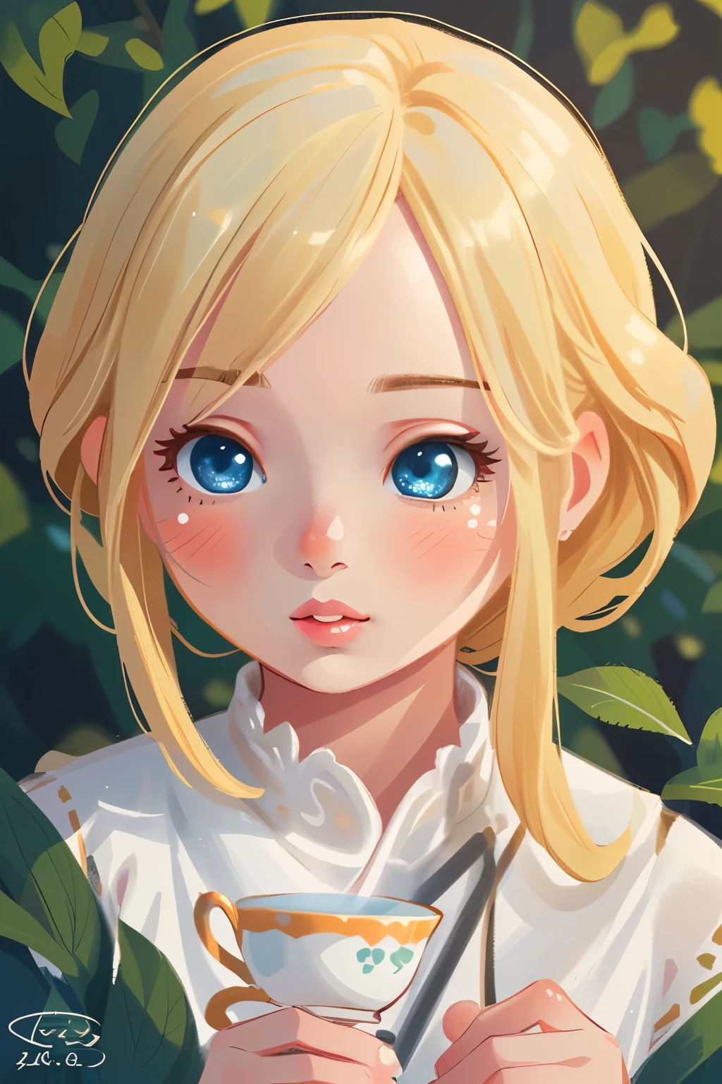 a young girl in a tea field, drinking tea , 8k, photorealistic, beautiful detailed eyes, beautiful detailed lips, extremely detailed face and skin, intricate details, vibrant colors, natural lighting, pastoral, serene, tranquil, cozy, cute, adorable, kawaii