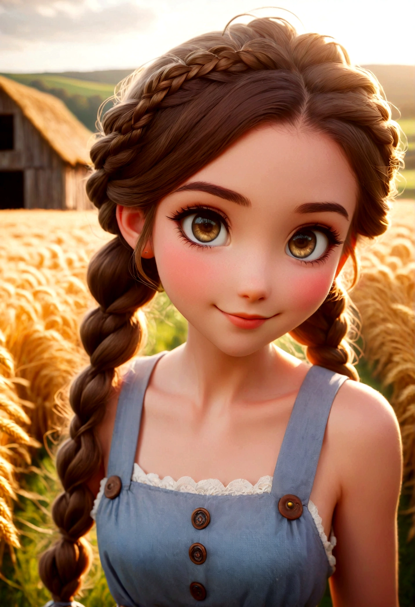 1girl, 20 years old, tall and attractive,cheeky expression, revealing outfit,  wearing a cute country dress, hair braided, standing in a rustic farm setting. She has a soft, gentle smile and expressive eyes. In the background are charming barns, golden wheat fields and clear blue skies. The composition should be bathed in warm golden hour light, with soft depth of field and soft bokeh to accentuate the idyllic tranquility. Capture images as if they were shot on vintage 35mm film for added oomph, filmg,